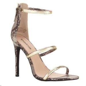 NEW Bebe Berdine Ankle Strap Sandal Snake Skin and Gold Strappy Heels Size 8.5
